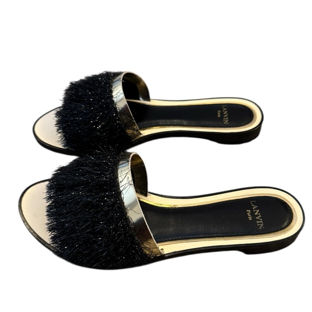 Lanvin Black and Gold Fur Slide Sandals - Picture 7 of 10